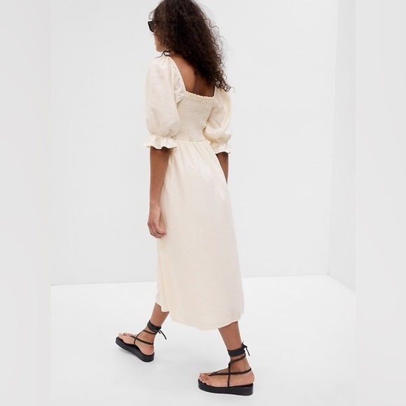 GAP Linen-Blend Puff Sleeve Square Neck Cream Midi Dress - Picture 4 of 9